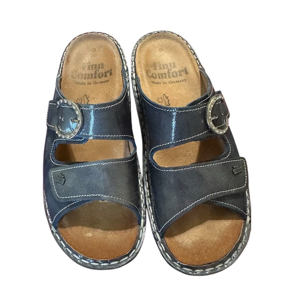 Finn Comfort Slide Sandals Women Size 7.5 Leather Metallic Blue Wedge Sansibar